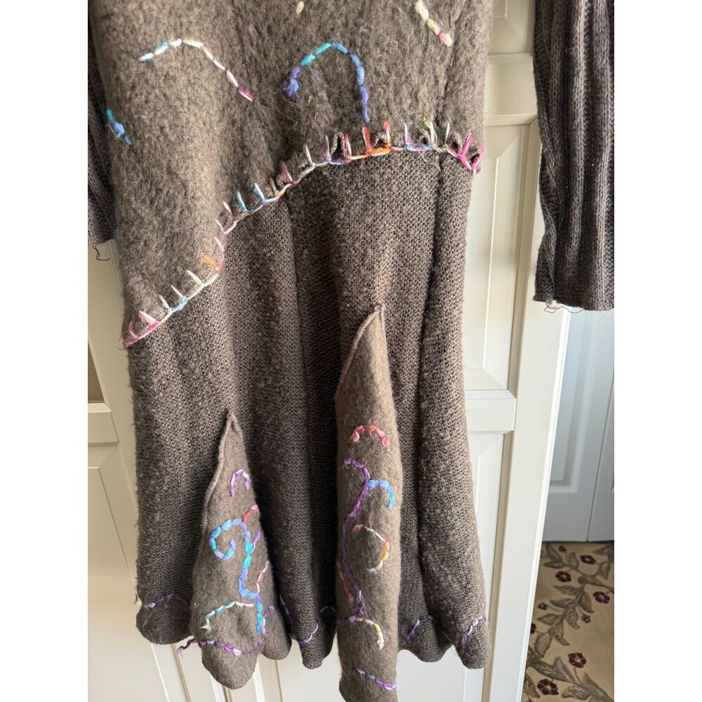 Y2K Midi embroidered sweater dress Ruffle Whimsy goth Lagenlook Art Brown Sz S/M - Picture 8 of 14